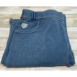 Quacker Factory DreamJeannes Blue Knit Denim Rhinestone Heart Shorts Womens L